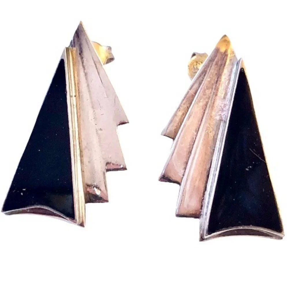 Modernist Sterling Silver & Black Onyx Post Earrings 925 Vintage Signed NF